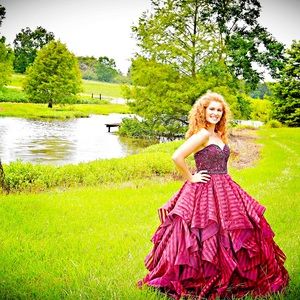 Mori Lee Burgundy Sweetheart Strapless Gown